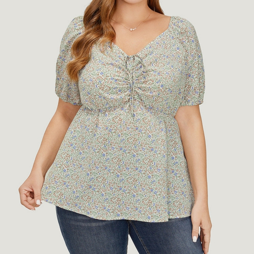 BloomChic Ditsy Floral Puff Sleeve Ruched Drawstring Blouse - Picture 5 of 12